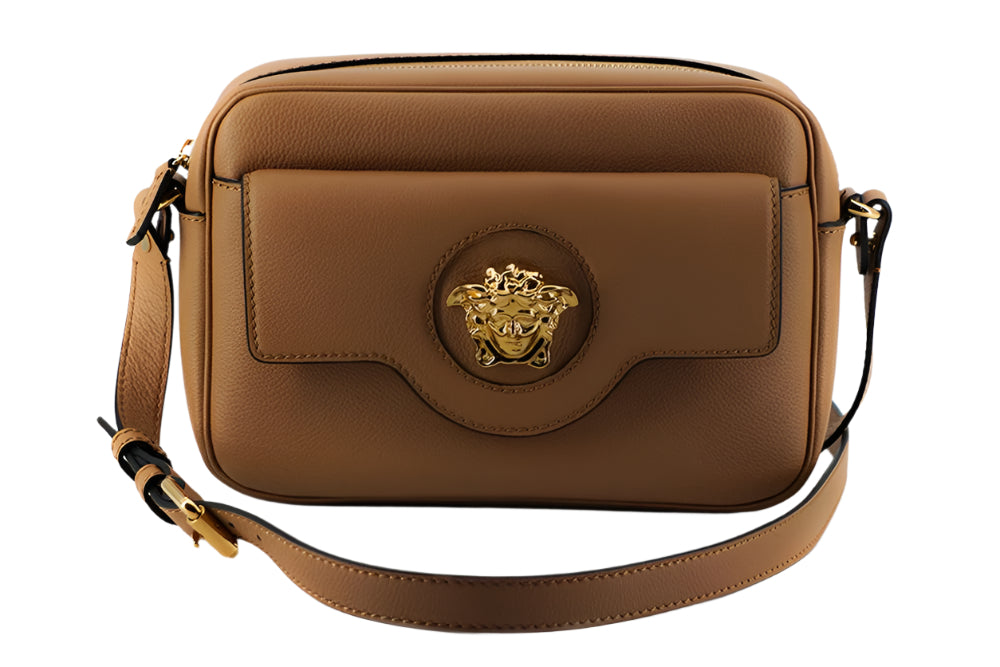 Versace Elegant Brown Leather Camera Case Shoulder Bag