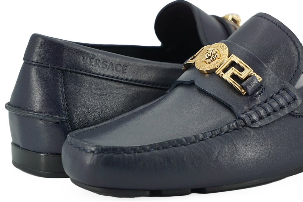 Versace Elegant Navy Blue Calf Leather Loafers