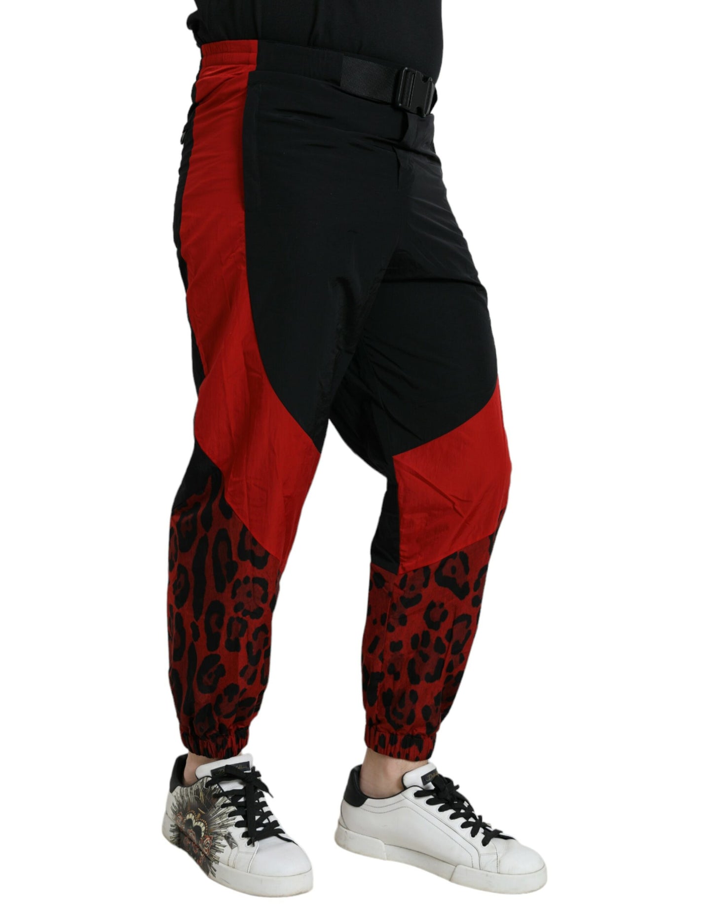 Dolce & Gabbana Black Red Leopard Print Nylon Jogger Pants