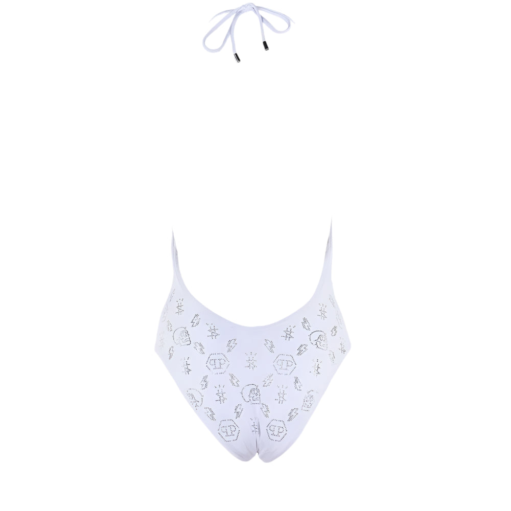 Philipp Plein White Rhinestone Embellished Swimsuit