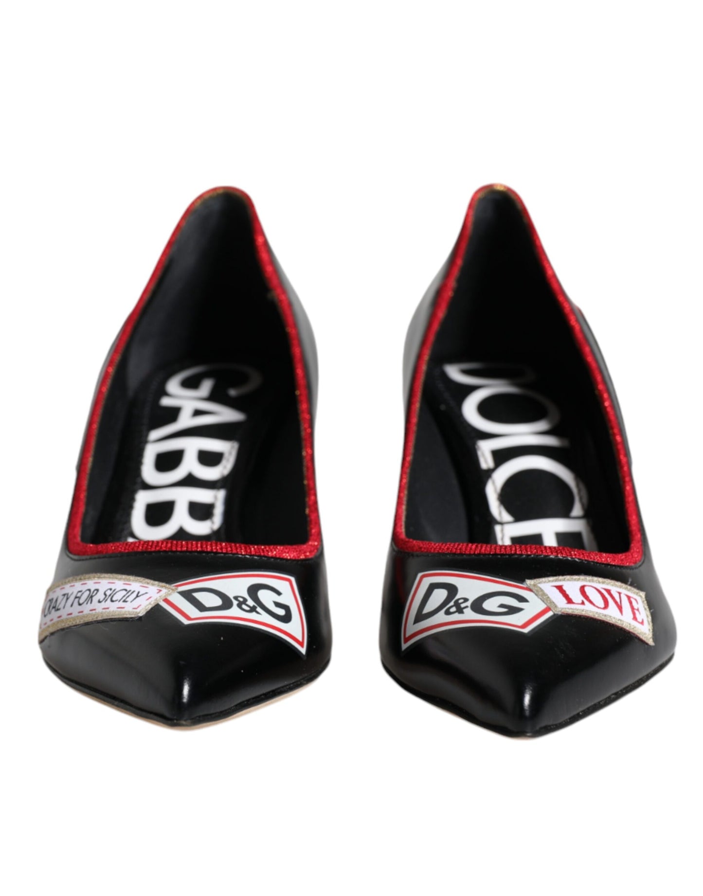 Dolce & Gabbana Black Leather Logo Print Heels Pumps Shoes