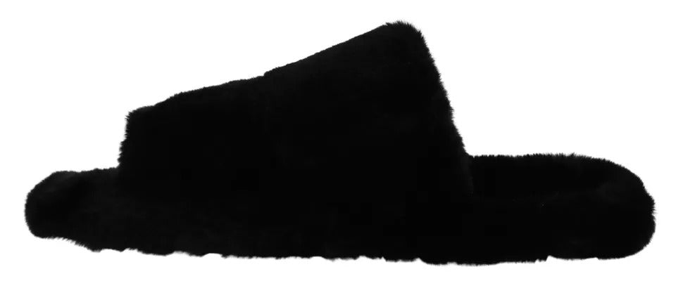 Dolce & Gabbana Black Polyester Faux Fur Mens Flats Sandals Shoes