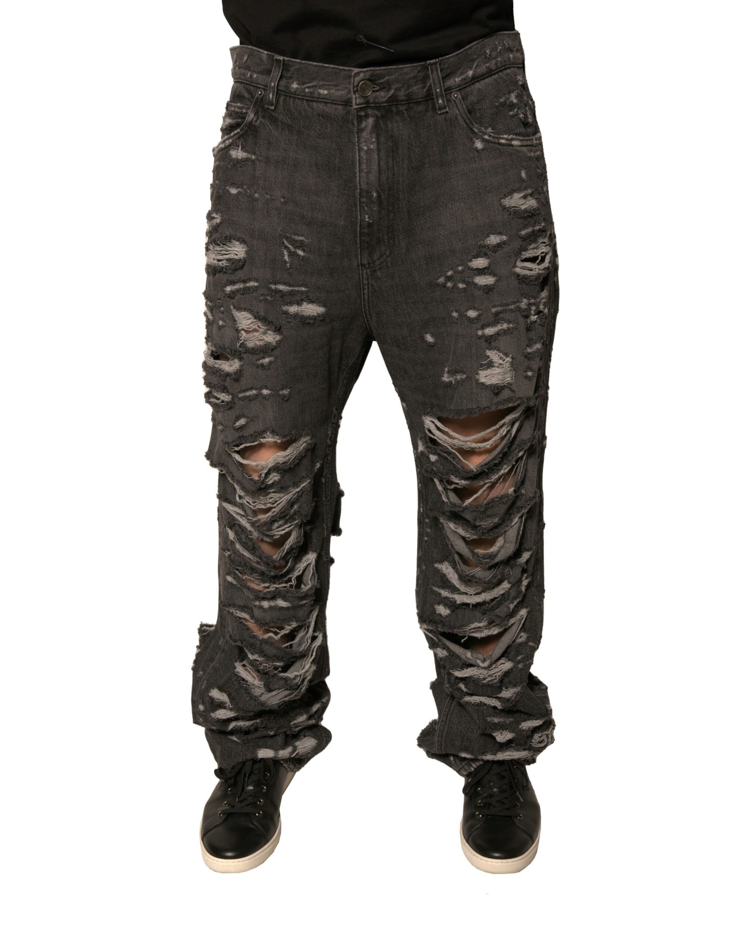 Dolce & Gabbana Gray Tattered Cotton Straight Men Denim Jeans