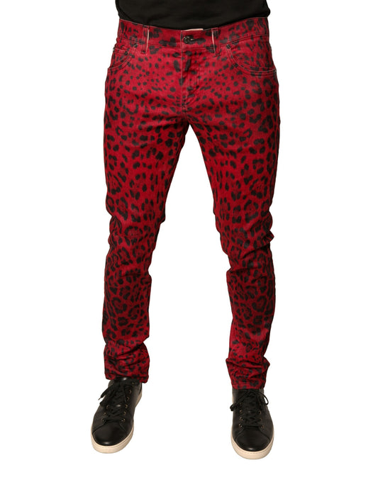 Dolce & Gabbana Red Leopard Cotton Stretch Skinny Denim Jeans