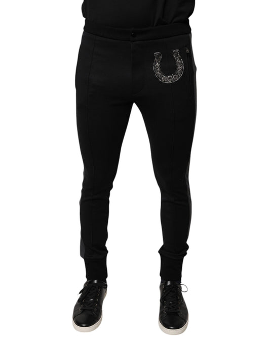 Dolce & Gabbana Black Horseshoe Embellished Wool Slim Fit Pants