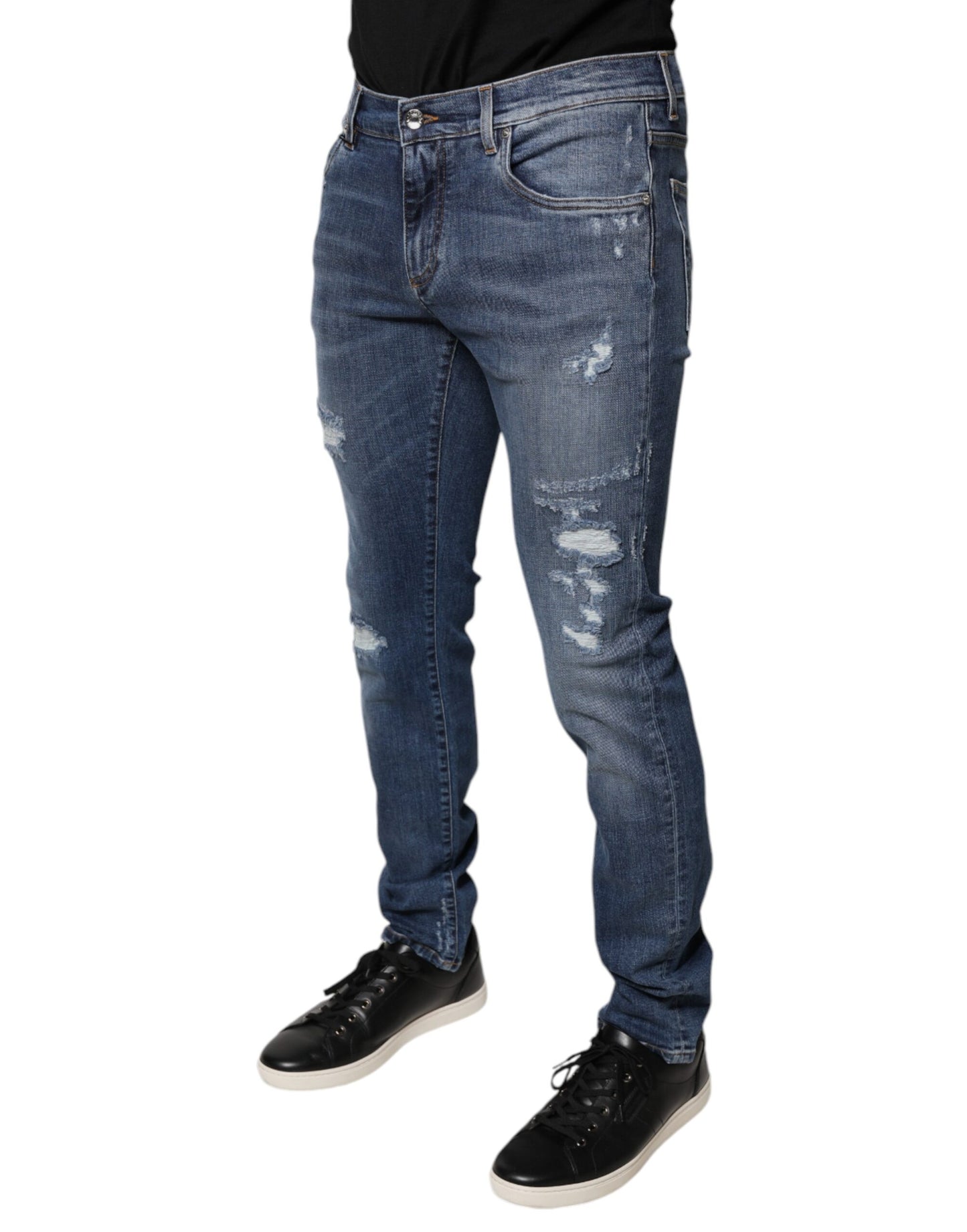 Dolce & Gabbana Blue Tattered Cotton Stretch Skinny Denim Jeans