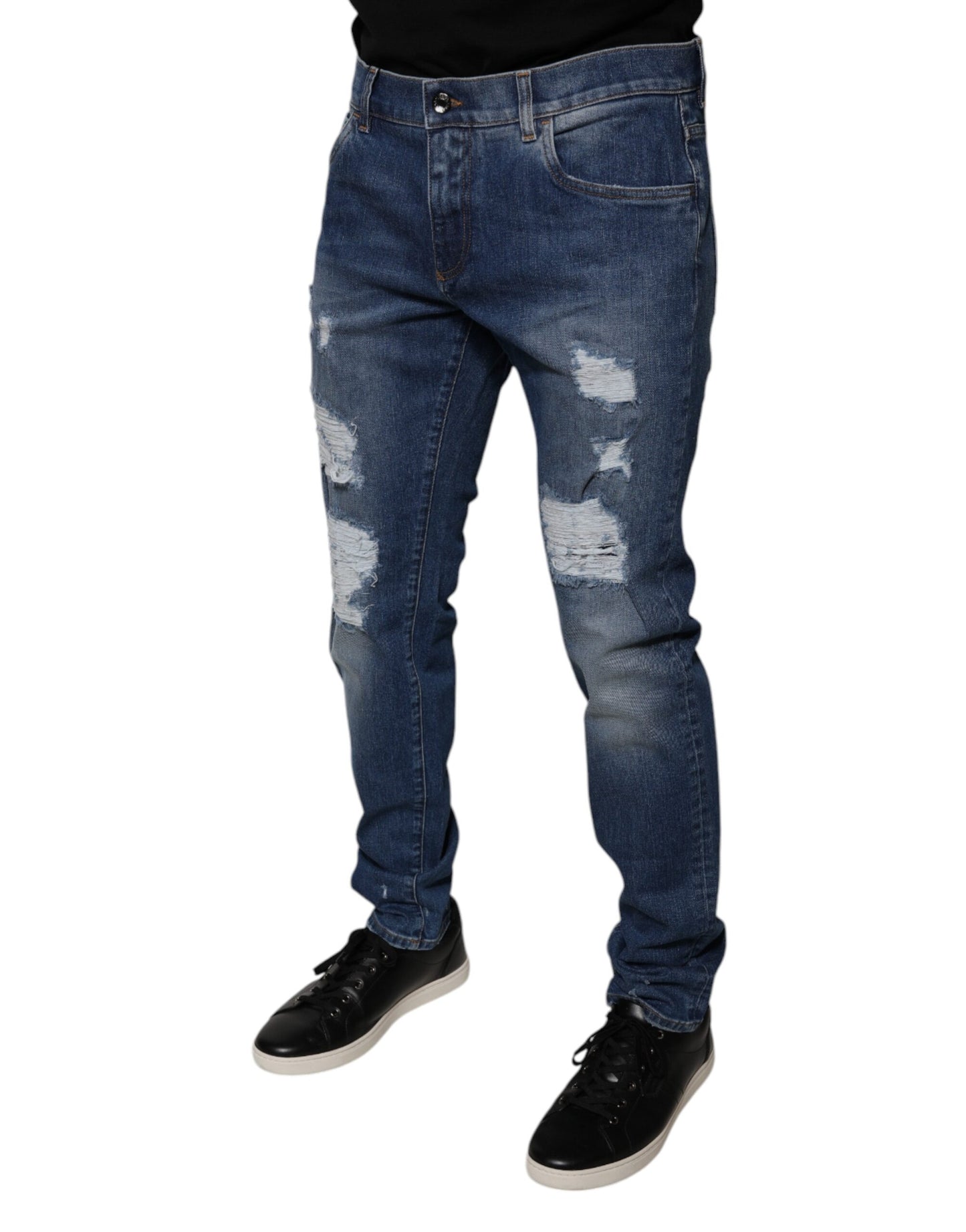 Dolce & Gabbana Blue Cotton Tattered Skinny Denim Jeans