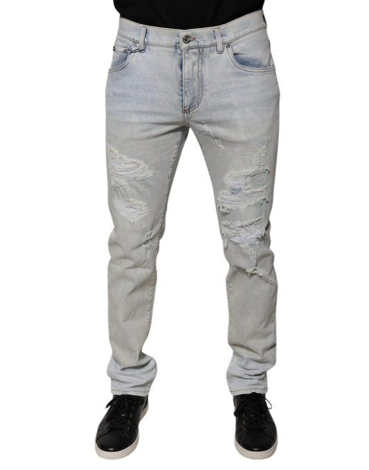 Dolce & Gabbana Light Blue Cotton Blend Tattered Skinny Denim Jeans