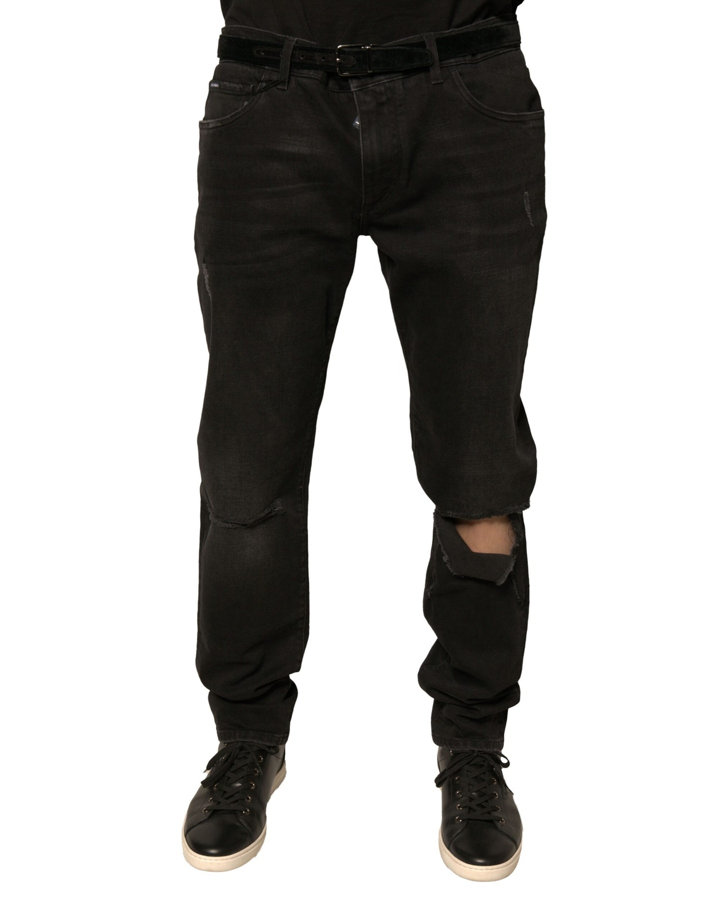 Dolce & Gabbana Black Ripped Logo Cotton Skinny Denim Jeans