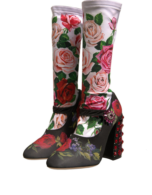 Dolce & Gabbana Black Floral Socks Crystal Boots Jersey Shoes