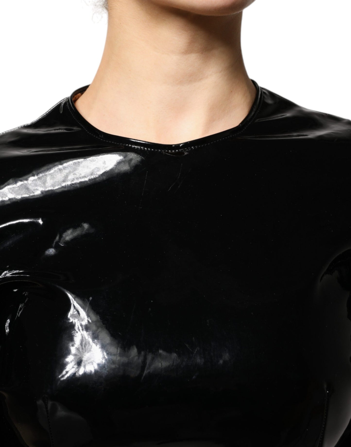 Dolce & Gabbana Black Patent Leather Puff Sleeves Mini Dress