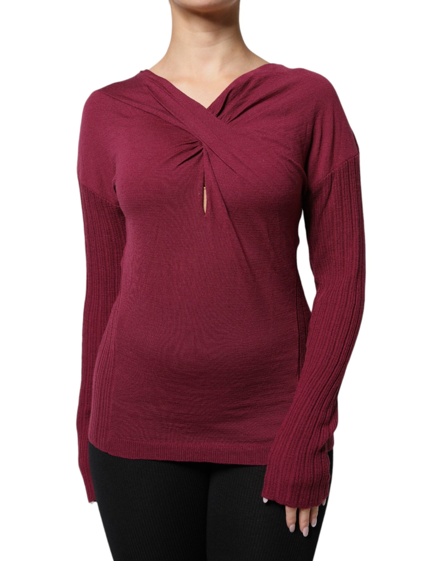 Roberto Cavalli Maroon Jumper Keyhole Knit Pullover Sweater