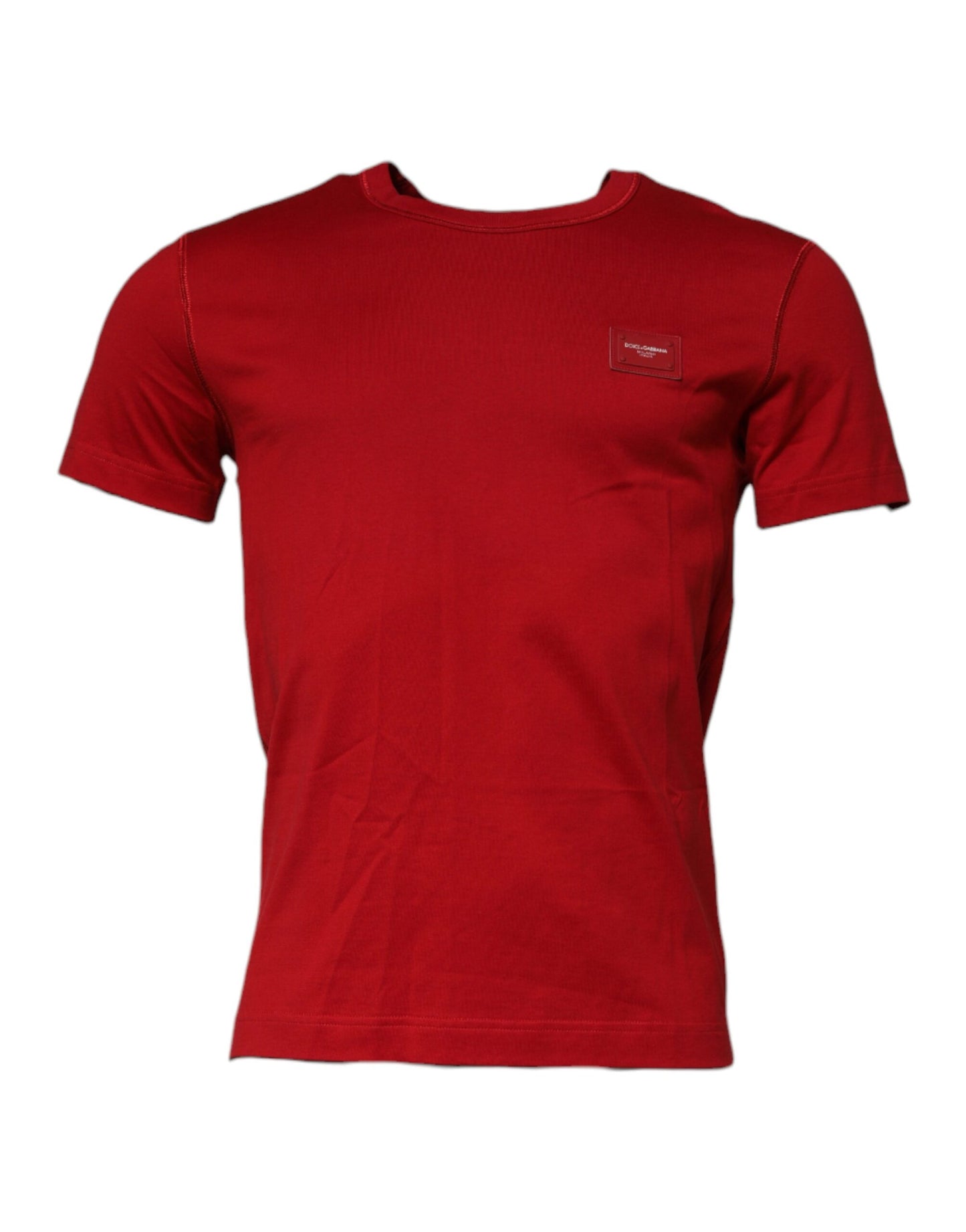 Dolce & Gabbana Red Logo Plaque Cotton Crew Neck T-shirt