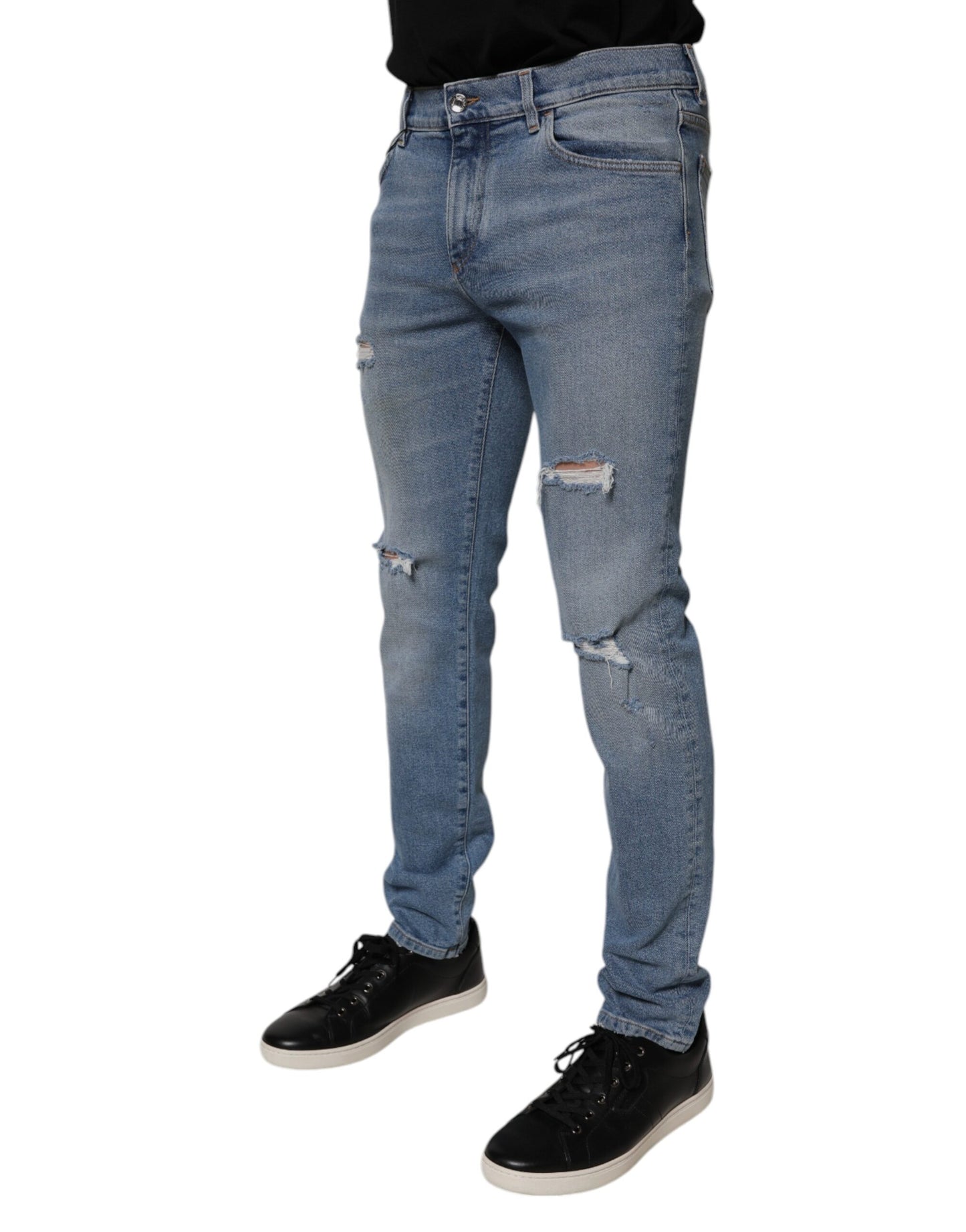 Dolce & Gabbana Light Blue Tattered Logo Slim Men Denim Jeans