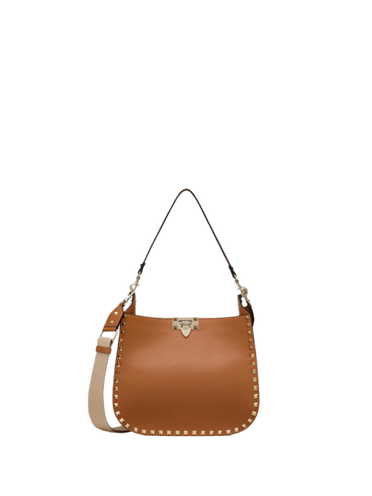 Valentino Garavani Brown Grainy Calf Hobo Rockstudt Bag