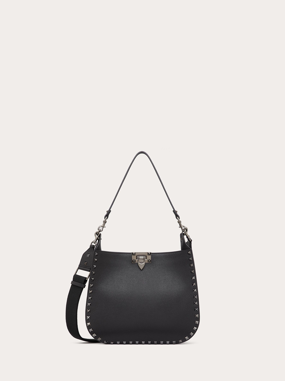 Valentino Garavani Black Grainy Calf Hobo Rockstudt Bag